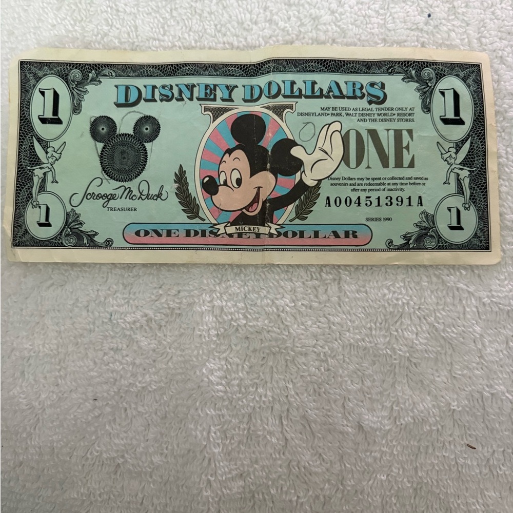 Vintage 1990 Disney Dollar $1 Bill- Mickey Mouse Retro Souvenir